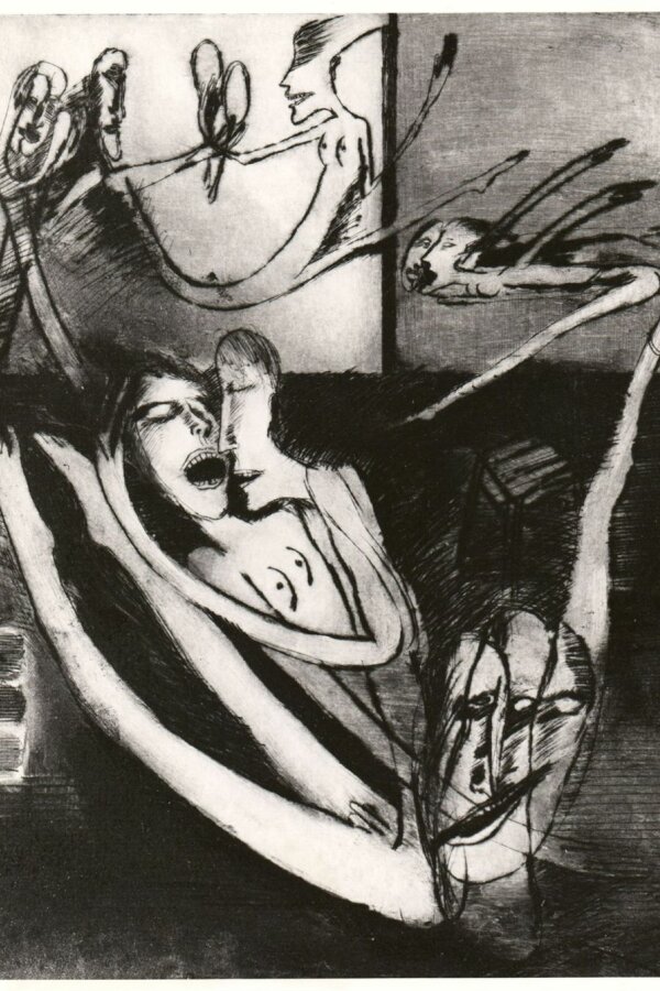 Eva Vlasáková, V zrcadle, cyklus Příběhy, 1985/1986, barevná suchá jehla